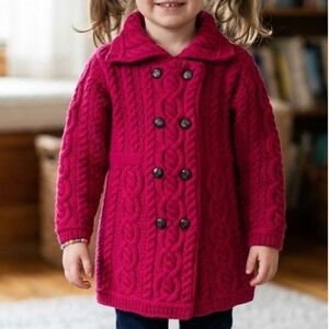 Aran Sweater Market Kids Magenta Pink 100% Merino Wool Cable Knit Coat 4-5 Years